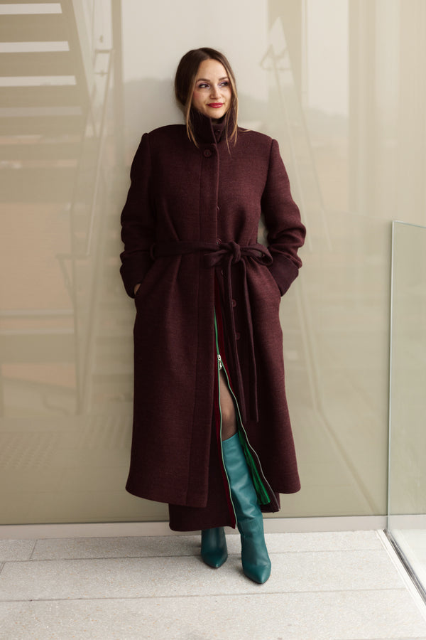 Wool Blend Double - Breasted Long Coat in Burgundy