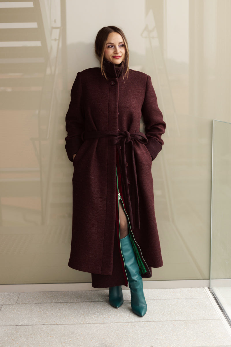 Wool Blend Double - Breasted Long Coat in Burgundy
